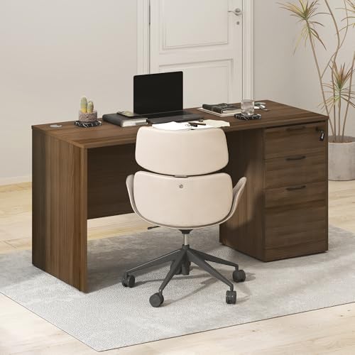 Image of Furinno Roger 60 Inch Executive Desk with File Cabinet, Home Office Desk with 3-Drawer Fixed Pedestal Filing Cabinet, Desk Cord Grommet, for Home Office, Modern Walnut
