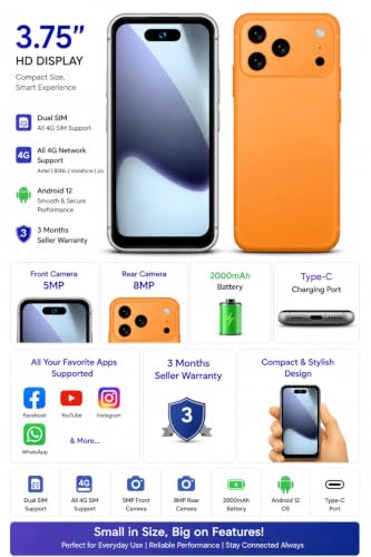 Image of SIVANTAGE PRO Mini 4G Smartphone, 4GB RAM 32GB Storage, Android 12, 3.75 Inch Display, Dual SIM, 5MP Selfie Camera, 8MP Rear Camera, 2000mAh Battery, Type-C Charging, 4G Volte
