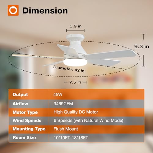 Image of addlon Ceiling Fans with Lights, 42 Inch Low Profile Ceiling Fan with Light And Remote Control, Flush Mount, Reversible, 3CCT, Dimmable, Quiet, White Small Ceiling Fan for Bedroom Indoor /Outdoor Use