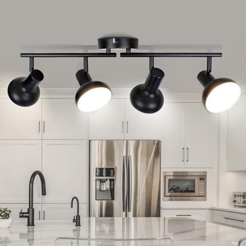 4-Head Adjustable Track Lighting Kit - Black Metal Track Light with Directional Heads for Kitchen, Living Room, Industrial Style (E12 Base, Bulbs Not Included) 4-lights