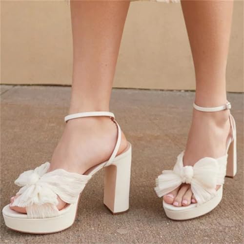 Chunky Platform Sandals for Women Bow Knot Ankle Strap Heeled Sandals Open Toe Wedding Party Dress Shoes2
