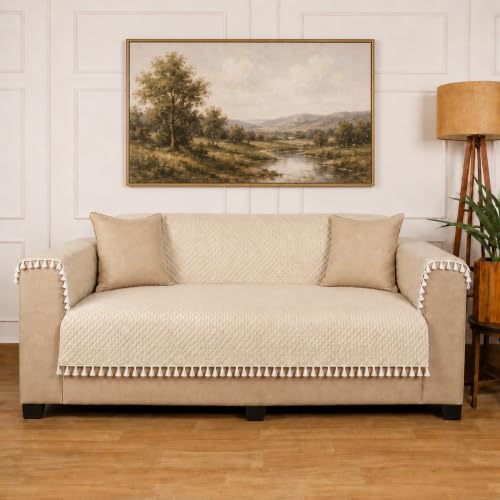Image of Roseate Quilted Velvet Fully Covered Sofa Cover with 2 Arm Cover (2 Seater / 48 inchx54) Sofa Protector for Living Room /Bedroom interiors (Beige) with Tassels