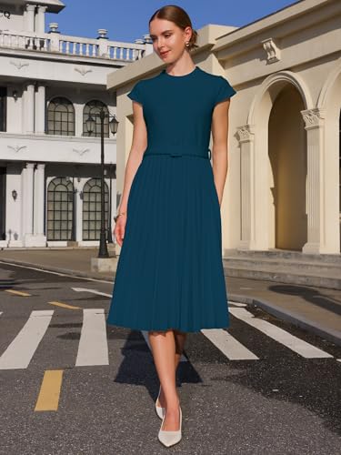 Women's Pleated Dress Mock Neck Cap Sleeve Belted A-Line Dresses2