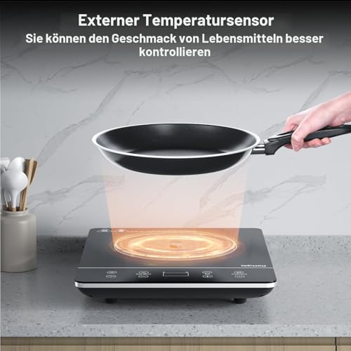 IsEasy Induktionskochfeld 1 Platte, Einzel Induktionskochplatte 2100W, 9 Leistungsstufen, 9 Temperatureinstellungen, 28cm Induktionskochfeld mit 8-Stunden-Timer, Kindersicherung, Schwarz, 220-240V