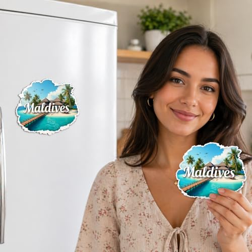 Image of Naxon Maldives Beach Paradise Theme Souvenir Wooden Fridge Magnet | Crystal Clear Water, Overwater Villas & Tropical Island Design 3x3 Inch Refrigerator Magnet for Kitchen & Home Decor | Pack of 1