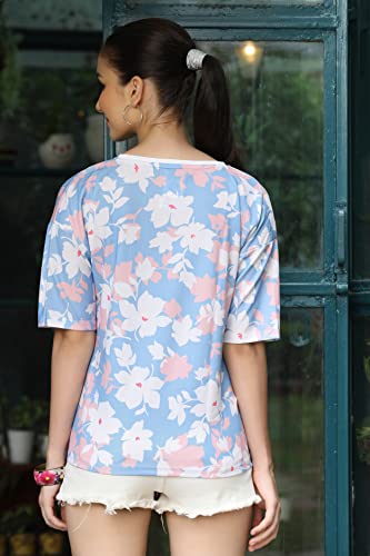 Image of Leriya Fashion Women Floral Print Top with Half Sleeves for Office Wear, Casual Wear Western Top Short Sleeve Pajama Sleep Nightshirt Scoopneck Casual Loungewear Top