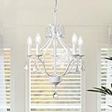 Tochic Weiss Kronleuchter Vintage Landhaus Ø48cm 5-Licht Glas Pendelleuchte Esstisch Lüster Wohnzimmer Hängeleuchte Retro Hängelampe aus Metall Weiß Modern Deckenleuchte Hängend Lampe Kristall