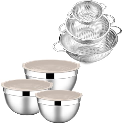 E-far 6-Piece Mixing Bowls with Lids and Colander Set of 3, Stainless Steel Salad Bowls for Baking and Cooking, Micro-Perforated Metal Colander Strainer with Handle for Kitchen/Draining Past