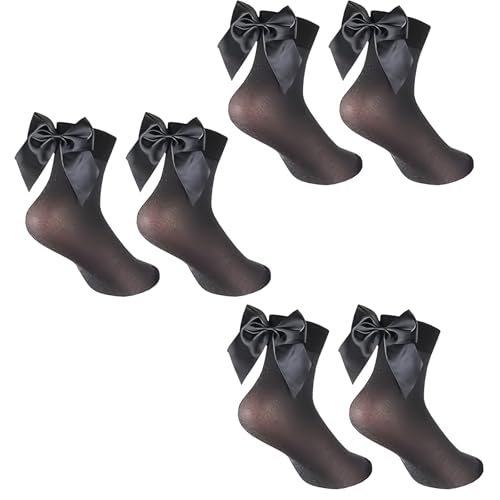 Laueob Calcetines de lazo para mujer, 3 pares de calcetines con purpurina y brillantes color negro, calcetines con lazos para mujer, bonitos lazos de satén, ribete de encaje, calcetines brillantes