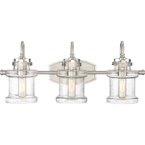 Quoizel Danbury Bath Vanity Lights, 24 Inch 3-Light Brushed Nickel Vintage-Inspired Bathroom Lighting Fixtures Over Mirror, 100W, Clear Seedy Glass, Wall Mount Light for Bathrooms, Kitchen or Hallway