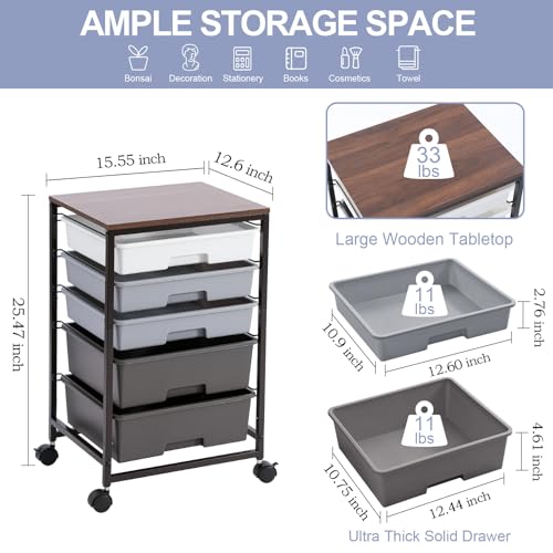 Image of SYKIARIOL Utility Cart with 5 Drawers,Storage Drawer Cart with Wooden Tabletop and Lockable Wheels,Craft Storage Trolley Cart,5-Tier Rolling Utility Cart on Wheels,Dark Grey