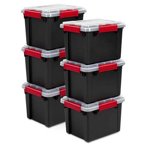 Sterilite 6 Pack 5 Gallon Gasket Box, Stackable Plastic Storage Container with Lids, Black - Waterproof and Dustproof Tote for Home Organization