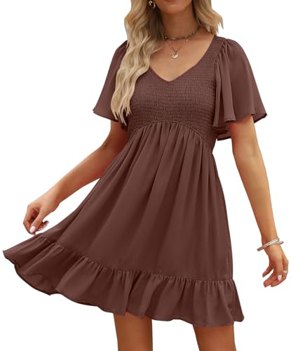 Image of LILLUSORY Women's Flowy Casual Mini Dresses 2026 Summer Graduation Smocked V Neck Vacation Dress Dress with Pockets