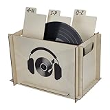 FINGERINSPIRE Aufbewahrungskiste Für Schallplatten 25.5x23.5x35cm Aufbewahrung Für Schallplatten Helle Goldruten Hölzerner Schallplattenhalter Kopfhöreraufdruck Aufbewahrungsboxen Mit Lochgriffen