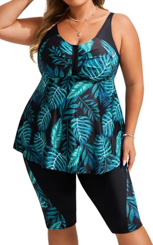 Hanna Nikole Tankini damski strój kąpielowy plus size, push-up, tankini, dwuczęściowy zestaw, kontrola brzucha, wysoka talia, letni strój kąpielowy z szortami kąpielowymi, Zielone tropikalne liście