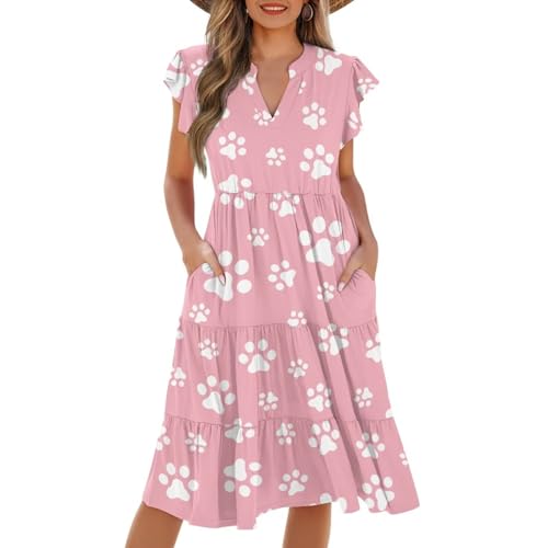 Image of Women's Casual Ruffle Sleeve Dress V Neck Pullover Dress Flowy A-Line Pleated Lightweight Dress with Pockets