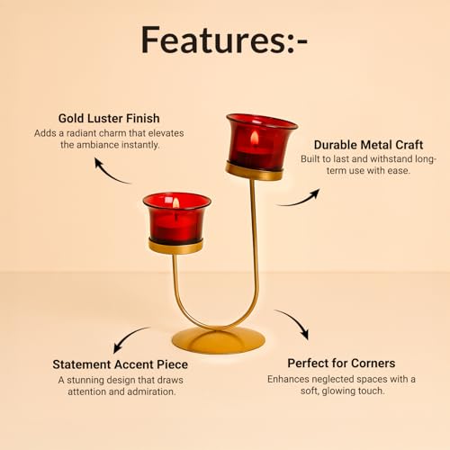 Image of MARKET 99 Metal+Glass 2 Votive T- Light Holder U Shape | for Diwali, Christmas, Birthday, and Wedding | Decorative Candle Holder for Home Decor & Festive Season | Golden & Red