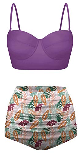 Angerella Vintage Swimsuits Creative Floral Background Tropical High Waisted Bikini Set,L-1 Purple