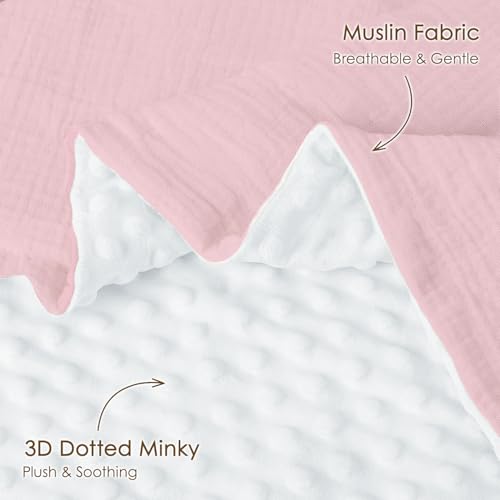 Image of Baby Blankets for Girls, Soft Nursery Minky Blankets with Muslin and Dotted Fleece Back 30x40 inches, Receiving Bed Quilt for Newborn, Infants, Toddlers (Pink)