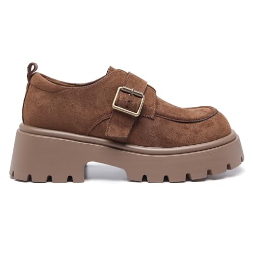 Image of Women's Chunky Heel Platform Loafers, Suede Penny Loafers Slip On Comfort Casual Business Shoes