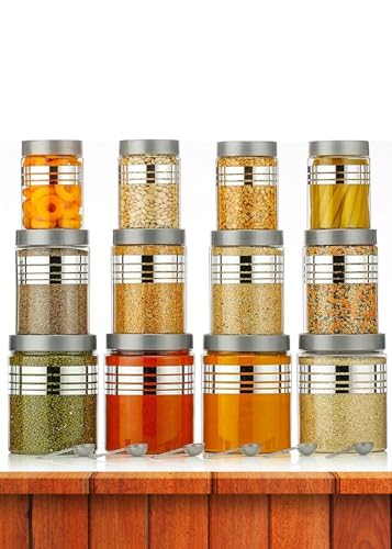 Image of SPECIFY Plastic Pet Storage Jar and Container Set of 12 (4 x 350ml, 4 x 650ml, 4 x 1200ml) With Spoons, Air Tight Kitchen Organiser, Improved Model Silver Line Printed