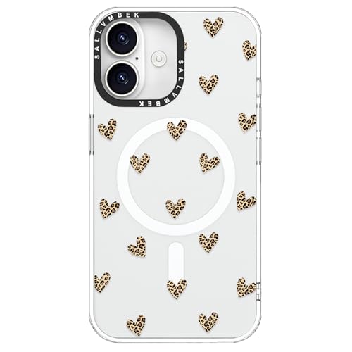 sallvmbek for iPhone 16 Case 6.1 inch,Compatible with MagSafe,Cute Leopard Print Love Heart Pattern,Magnetic Shockproof Protective TPU Bumper Mag Safe Cases for Women Girly