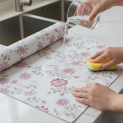 MUSHIES Premium Washable Floral Pattern Placemat Roll (Peach, 5 Metre x 17 Inch) | Multipurpose Kitchen Mat, Dining Table Mat, Fridge Mat, Wardrobe & Drawer Shelf Liner
