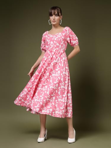 Image of OOMPH! Below Knee Shift Pink Dress in Crepe Fabric with Round Neck and Puff Sleeves - md619l