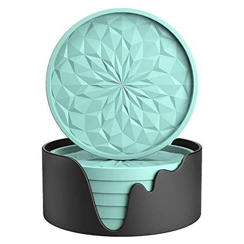 Image of ME.FAN Silicone Coasters with Holder,[6 Pack] Drinking Coasters - Cup Mat for Hot or Cold Drinks, Thickened, Non-Slip, Non-stick,Deep Tray Mint Green