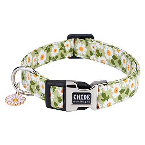 Chede Cotton Dog Collar For Small Medium Large Dogs,Girl Dog Collar With Quick-Release Buckle,Flowers Soft Adjustable Pet Collar (Small, Green Daisy) #TOP1