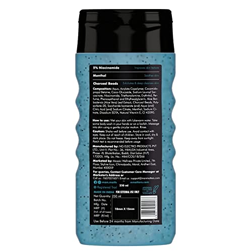 Image of Man Matters 3 in 1 Action Charcoal & Menthol Body Wash with Loofah | Menthol, 5% Niacinamide | For Instant Cooling, Odor Protection & Improves Skin texture | 250ml