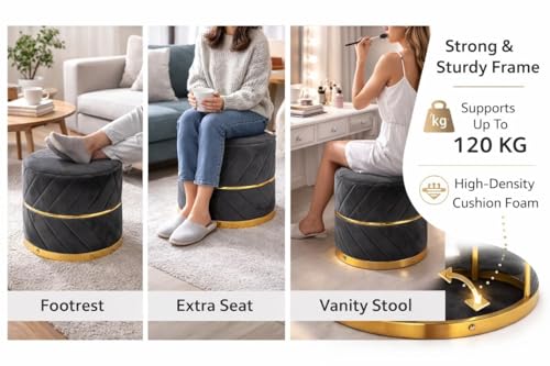 Image of Premium Velvet Puffy Ottoman Stool for Living Room | Round Footrest with Diagonal Channel Stitching & Gold Metal Base | Luxury Pouffe for Bedroom & Dressing Area (Black)