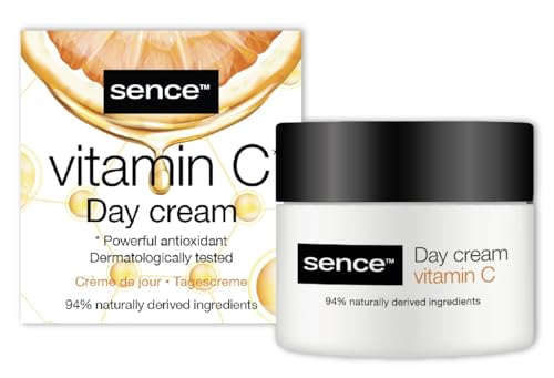 Sence Crema de día con vitamina C, crema facial para mujer, crema facial para hombres, crema hidratante facial, cuidado diario con ácido cítrico y 4 ácidos hialurónicos, cuidado de la piel vegana de