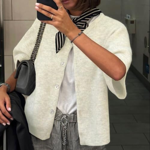 Image of Women Y2K Knit Cardigan Short Sleeve Crewneck Solid Color Button Down Tops Casual Going Out Sweater Streetwear