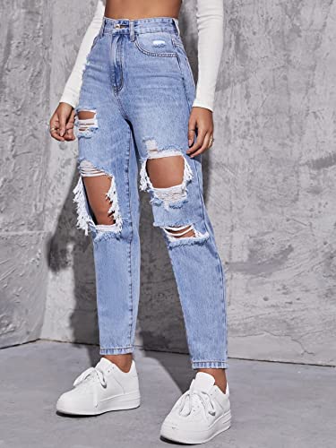 Makemechic Women's High Waist Straight Leg Ripped Jeans Distressed Denim Pants Light Wash M #TOP2