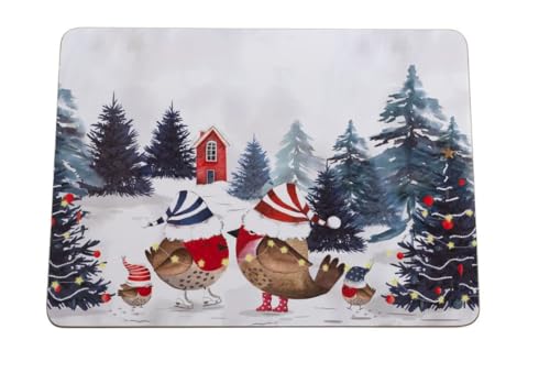 Maison & White Festive Forest Friends Placemats set of 4 | M&W | Christmas Robins with Festive Hats | Reusable Dinning Mats | Cork Backed | Heat Resistant | Tablewear