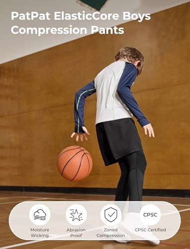 PATPAT Boys Compression Pants, Quick Dry Leggings Tights for Sports Running Training Basketball, Athletic Base Layer Bottoms2
