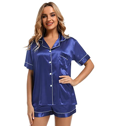 Finvizo Womens Silk Satin Pajamas Set: Soft Short Sleeve Two-Piece Pjs Silky Button-Down Sleepwear Loungewear Shorts Set,Navy Blue M #TOP2
