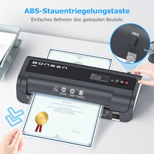 BONSEN Laminiergerät A4 mit Never Jam Technologie, 60 Laminierfolien inkl. (30 x A4, 15 x A5, 15 x A6), Präzise NTC Temperaturkontrolle, Schnelllaminierung für Zuhause, Schule, Büro, L3401
