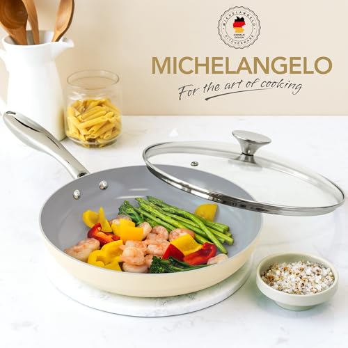 Image of MICHELANGELO 20cm Ceramic Frying Pan, Non Stick Fry Pan with Lid, Small Skillet Nonstick, Non Toxic Frying Pan, Ceramic-Coated, Beige