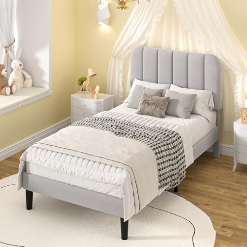 Image of VECELO Twin Size Bed Frame with Upholstered Headboard, Velvet Platform Bedframe Mattress Foundation, Strong Wood Slat Support, No Box Spring Needed,Light Grey