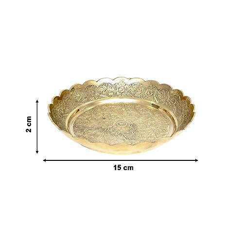Shubhkart Nitya Brass Prasadam Vastu Nakshi Plate | Brass Puja Plate Handmade Nakashi Bhog Thali For Pooja Beautifully Engraved and Decorative Platter For Home Mandir Temple (5.9 Inch Length) - 219 Gm