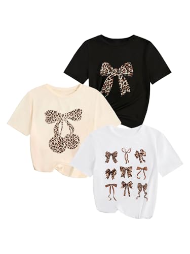 Floerns Girl's 3 Piece Cheetah Short Sleeve T Shirt Bowknot Print Tee Going Out Tops
