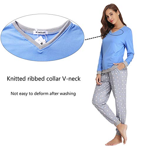 Hawiton Women's Cotton Long Sleeve Pajamas Set Sleepwear Dot Pattern Bottom Lounge Nightgowns Blue