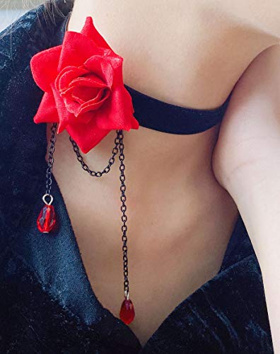 Ericotry Elegant Retro Rose Flower Collarbone Chain Clavicle Necklace Gothic Lolita Black Lace Collar Choker Ornament Wedding Halloween Accessories (Red) #TOP3