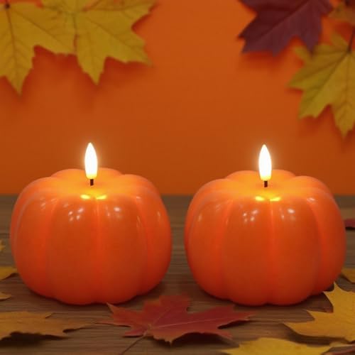 Image of Wondise Fall Decorations Flameless Wax Pumpkin Candles with 6H Timer, Orange Battery Operated LED Candles Fall Decor for Thanksgiving Gifts, Autumn Farmhouse Harvest Decor for Home Decoration