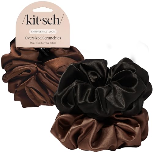 Image of Kitsch Recycled Satin Oversized Scrunchies - Large Hair Scrunchies for Women, Eco-Friendly Hair Ties & Ponytail Holders | Ideal Gifts for Women - Black & Chocolate, 2pcs