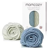 Picture of Momcozy Muslin Mini Crib Sheets Fitted - 38''x26'' Pack and Play Sheets for Pack N Play Mattress, 2 Pack Soft & Breathable Natural Cotton Non Slip Bed Cover for Boys, Girls, Grey Blue