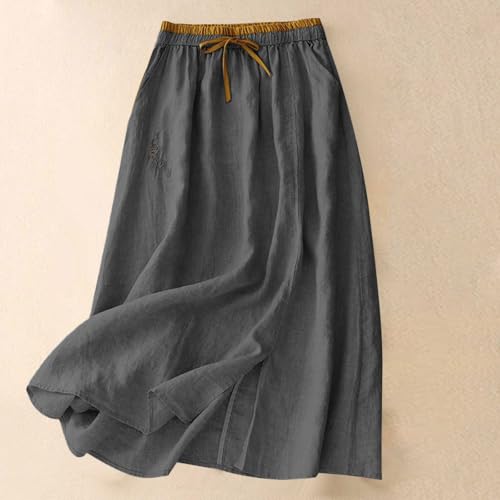 Jupe Coton Lin Femme Mi-Longue Midi Taille Élastique Cordon Serrage Poches A-Line Évasée Ample Fluide Été Jupe Bohème Chic Casual Jupes Plage Vacances Quotidien Ville Légère Respirante Couleur Unie – vue 2