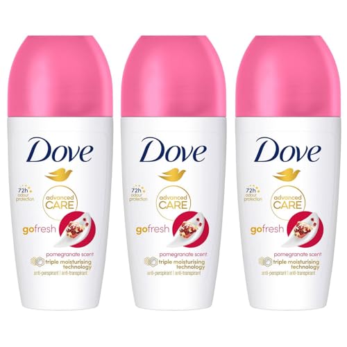 Dove Deodorant Roll On Advance Care Go Fresh Pomegranate Scent 72H Odour Protection Anti-Transpirant and Anti-Perspirant for Women with Triple Moisturising Technology 50ml, 3 Pack